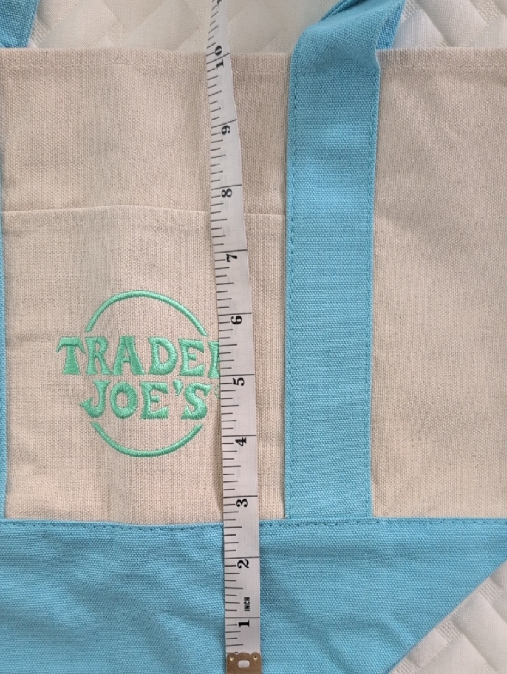 TRADER JOE'S Mini Pastel Canvas Tote Bag Light Blue Trim - Picture 7 of 8